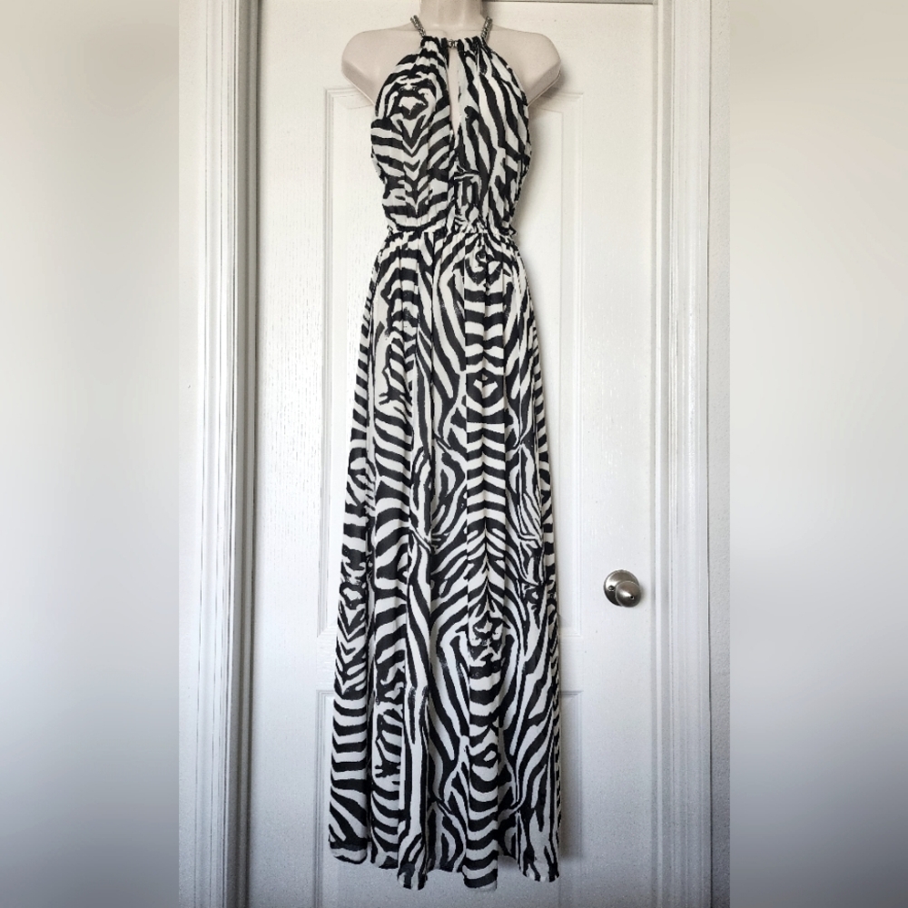 H&M Zebra Print Maxi Dress Black White Halter Neck Chain Detail Size 4